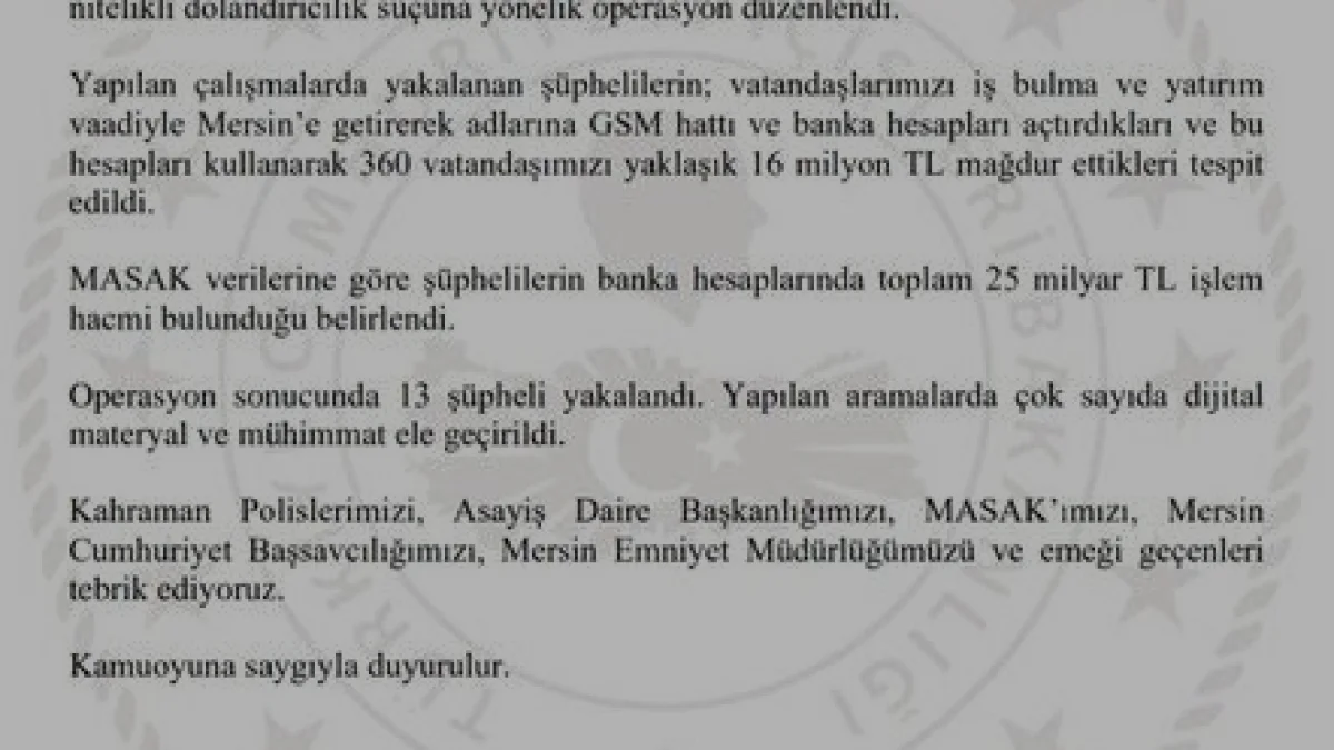 Mersin merkezli dolandırıcılık operasyonunda 13 şüpheli yakalandı